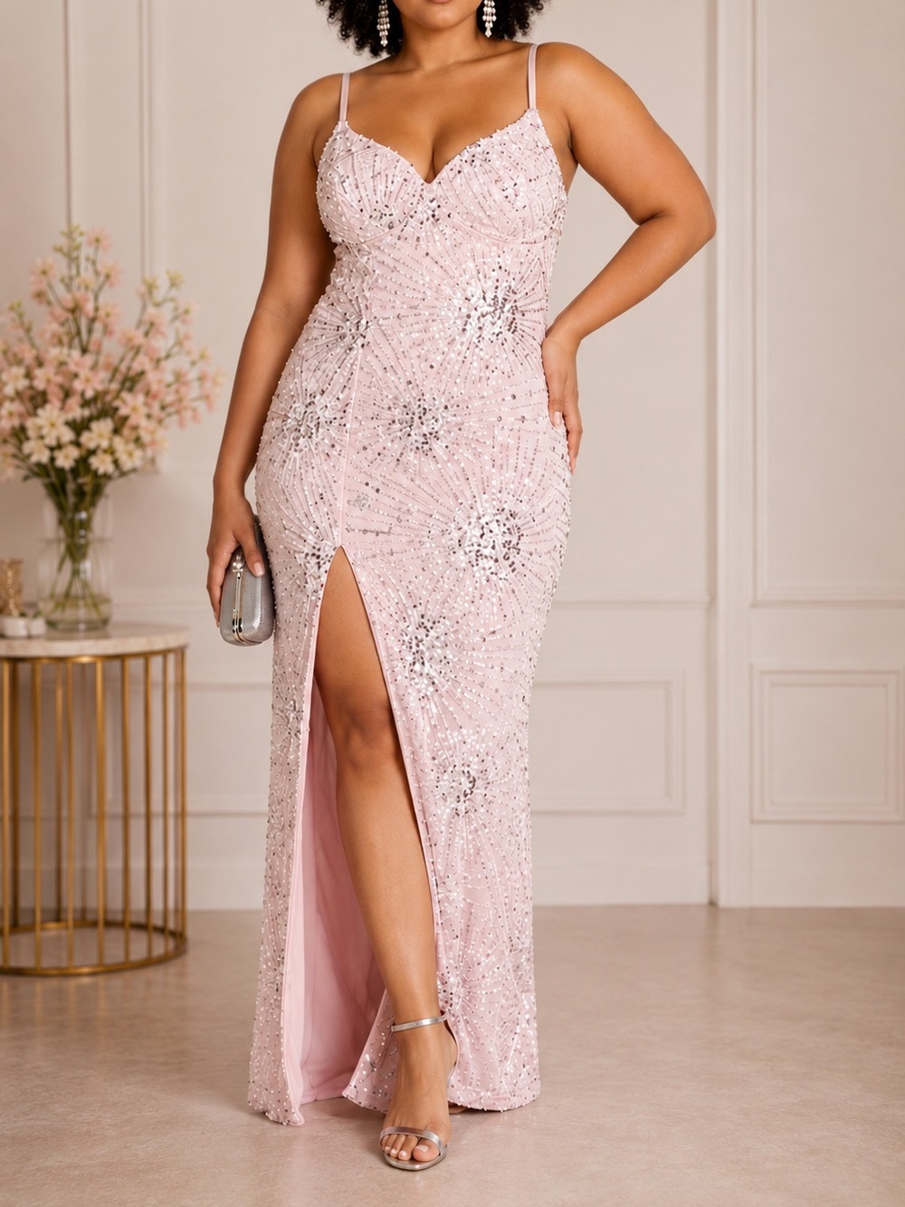 Forever 21 Plus Sequin Beaded Maxi Dress Petal Pink NWT Size 0X